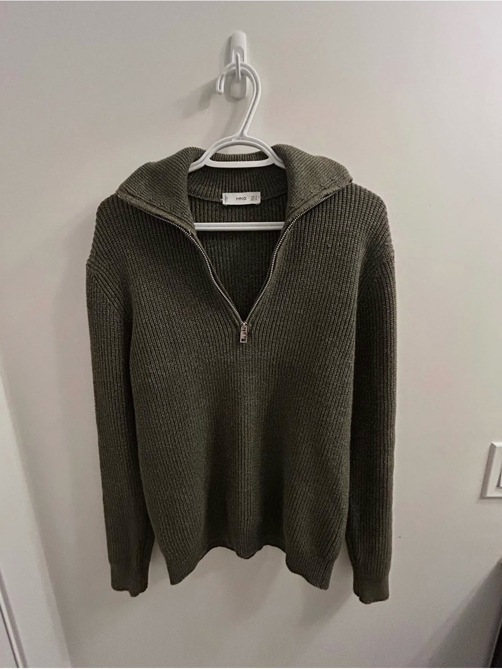 Mango Men Olive Green Quarter-Zip Ribbed Sweater